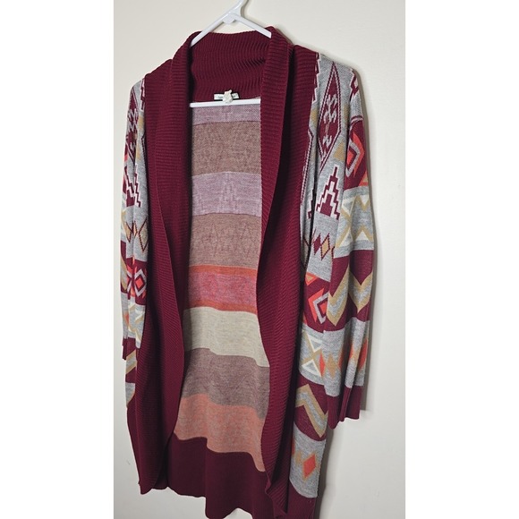 Allison Brittney Cardigan 1X Plus Red Longline Open Front Aztec Southwestern - Picture 5 of 9